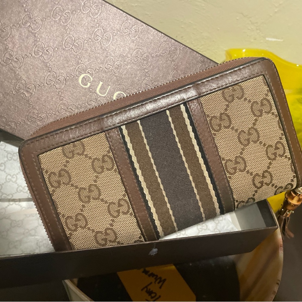 Gucci Beige/Brown GG Canvas and Leather Bamboo Tassel Zip Around Wallet